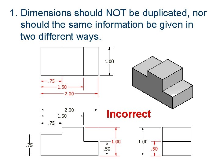 1. Dimensions should NOT be duplicated, nor should the same information be given in