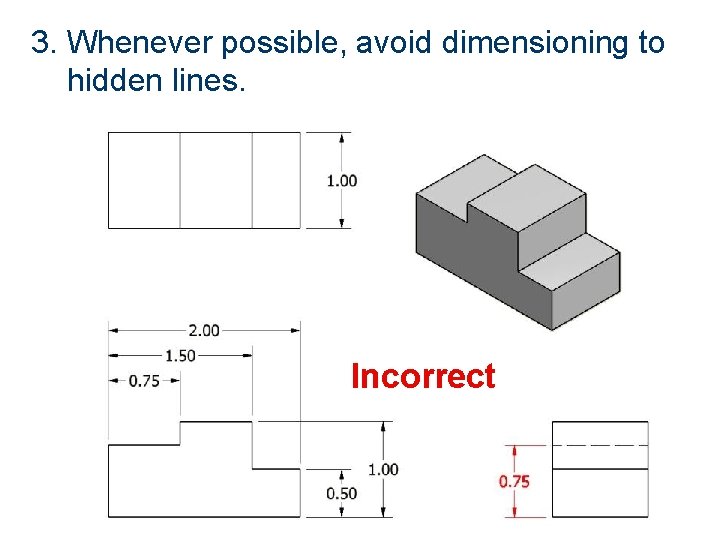 3. Whenever possible, avoid dimensioning to hidden lines. Incorrect 