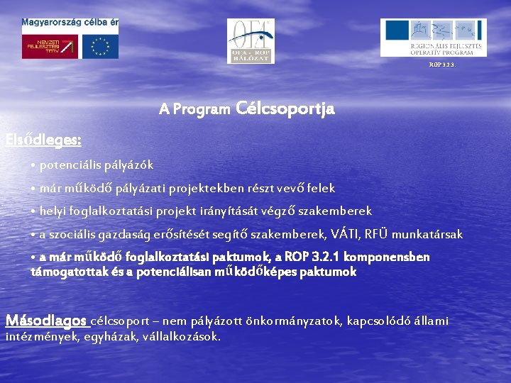 ROP 3. 2. 3. A Program Célcsoportja Elsődleges: • potenciális pályázók • már működő