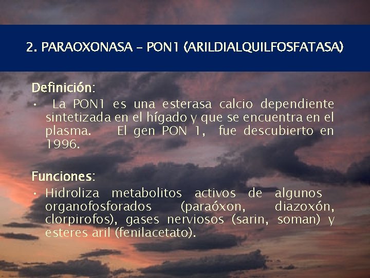 2. PARAOXONASA – PON 1 (ARILDIALQUILFOSFATASA) Definición: • La PON 1 es una esterasa