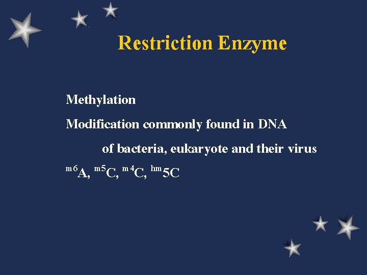 Restriction Enzyme Methylation Modification commonly found in DNA of bacteria, eukaryote and their virus