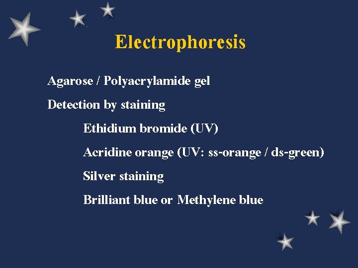 Electrophoresis Agarose / Polyacrylamide gel Detection by staining Ethidium bromide (UV) Acridine orange (UV: