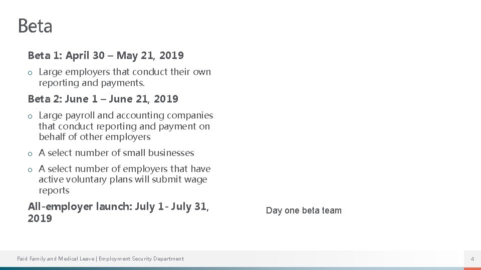 Beta 1: April 30 – May 21, 2019 o Large employers that conduct their