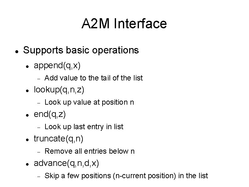 A 2 M Interface Supports basic operations append(q, x) lookup(q, n, z) Look up