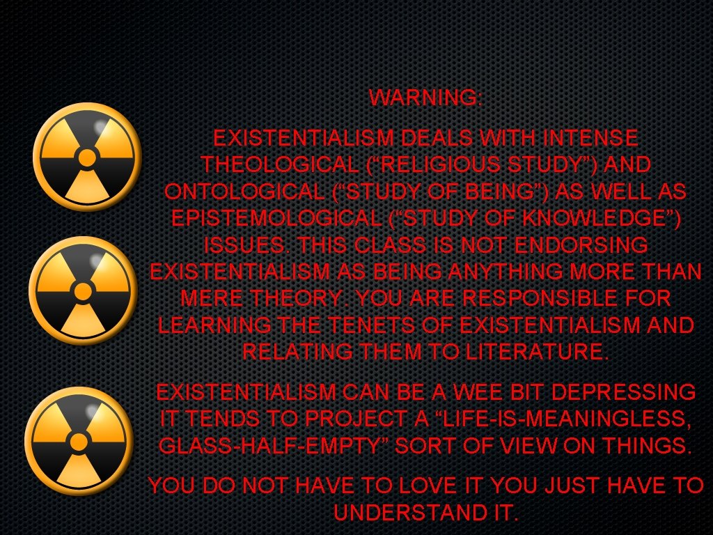 WARNING: EXISTENTIALISM DEALS WITH INTENSE THEOLOGICAL (“RELIGIOUS STUDY”) AND ONTOLOGICAL (“STUDY OF BEING”) AS