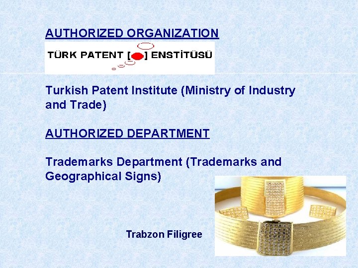 AUTHORIZED ORGANIZATION Turkish Patent Institute (Ministry of Industry and Trade) AUTHORIZED DEPARTMENT Trademarks Department