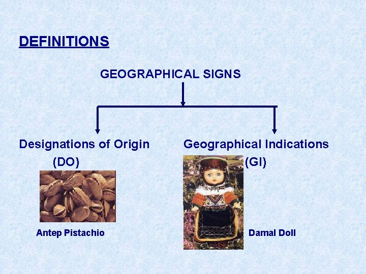 DEFINITIONS GEOGRAPHICAL SIGNS Designations of Origin (DO) Antep Pistachio Geographical Indications (GI) Damal Doll