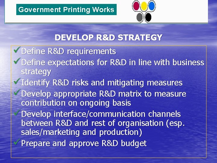 Government Printing Works DEVELOP R&D STRATEGY üDefine R&D requirements üDefine expectations for R&D in