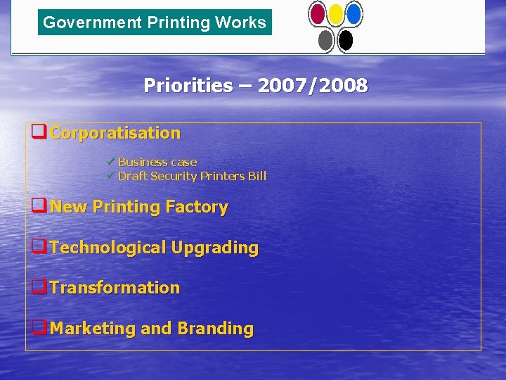 Government Printing Works Priorities – 2007/2008 q Corporatisation ü Business case ü Draft Security