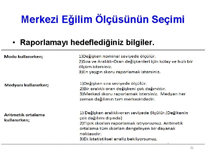 Merkezi Eğilim Ölçüsünün Seçimi • Raporlamayı hedeflediğiniz bilgiler. 21 