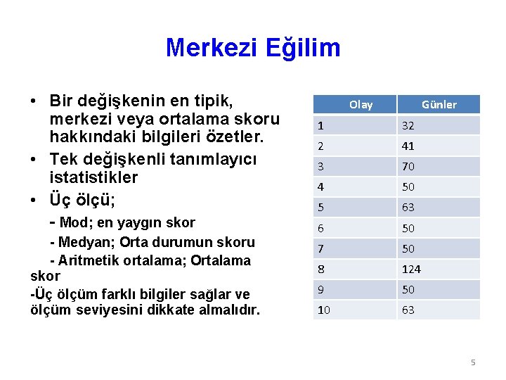 Merkezi Eğilim • Bir değişkenin en tipik, merkezi veya ortalama skoru hakkındaki bilgileri özetler.