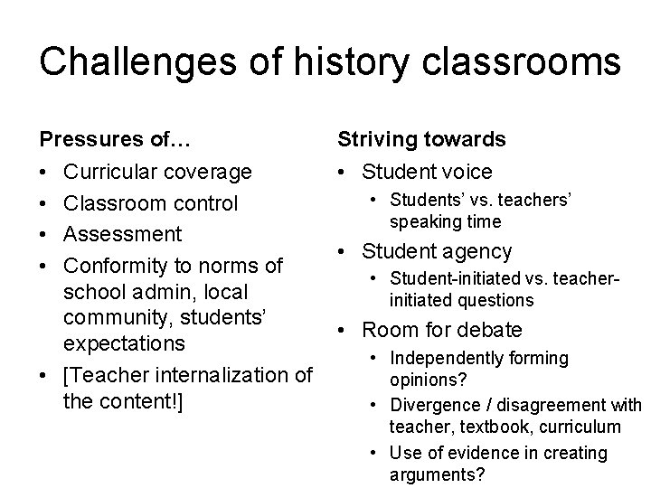 Challenges of history classrooms Pressures of… Striving towards • • • Student voice Curricular