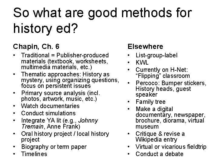 So what are good methods for history ed? Chapin, Ch. 6 Elsewhere • Traditional