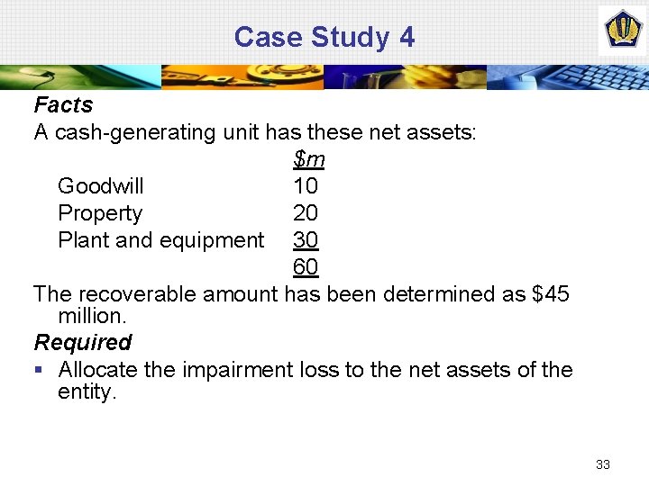 Case Study 4 Facts A cash-generating unit has these net assets: $m Goodwill 10