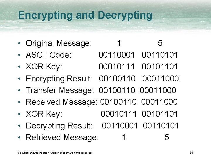 Encrypting and Decrypting • • • Original Message: 1 5 ASCII Code: 00110001 00110101