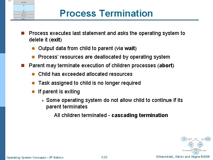 Process Termination n Process executes last statement and asks the operating system to delete