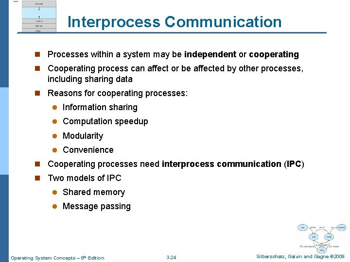 Interprocess Communication n Processes within a system may be independent or cooperating n Cooperating
