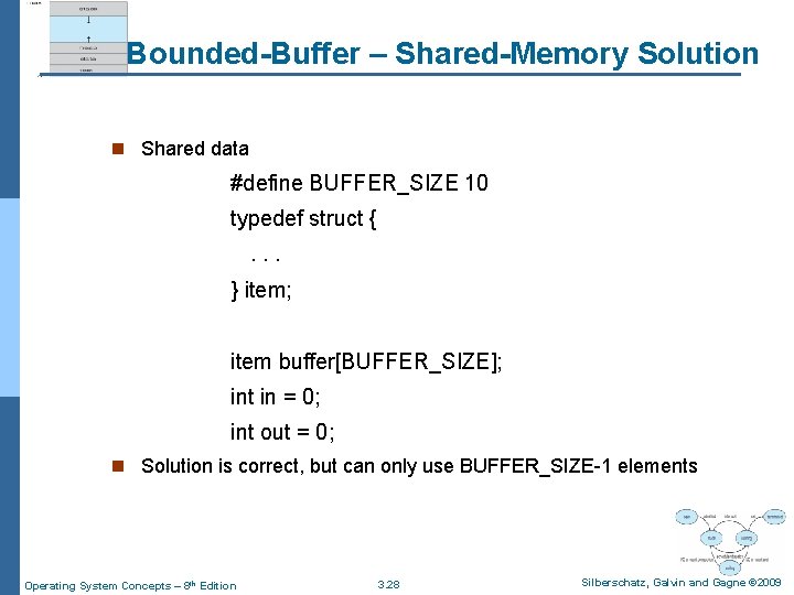 Bounded-Buffer – Shared-Memory Solution n Shared data #define BUFFER_SIZE 10 typedef struct {. .