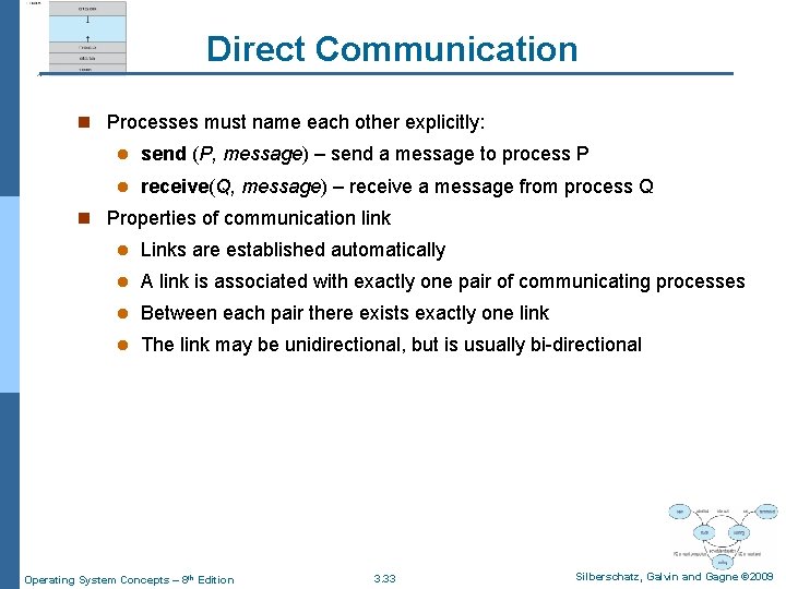 Direct Communication n Processes must name each other explicitly: l send (P, message) –