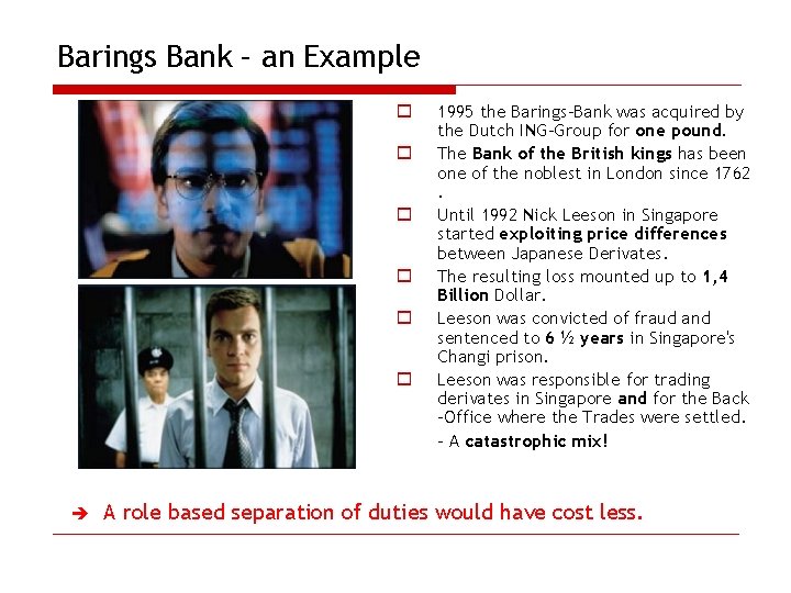 Barings Bank – an Example o o o è 1995 the Barings-Bank was acquired