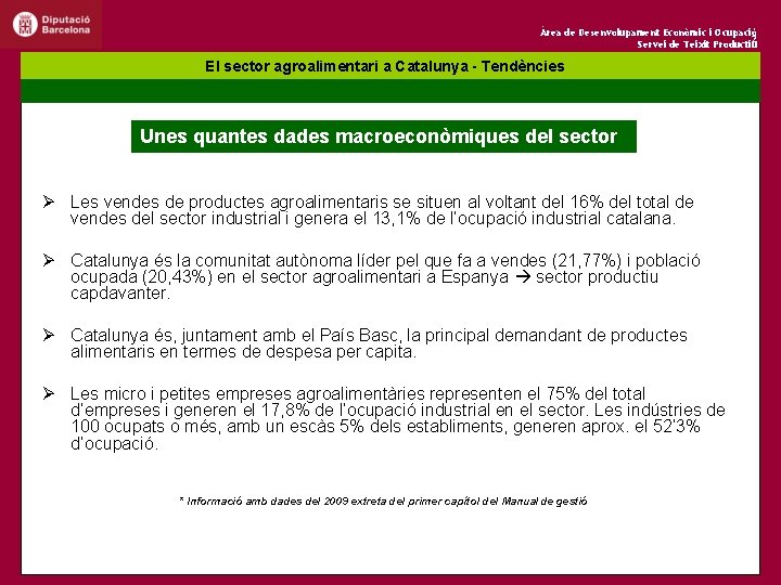 Àrea de Desenvolupament Econòmic i Ocupació 2 Servei de Teixit Productiu El sector agroalimentari