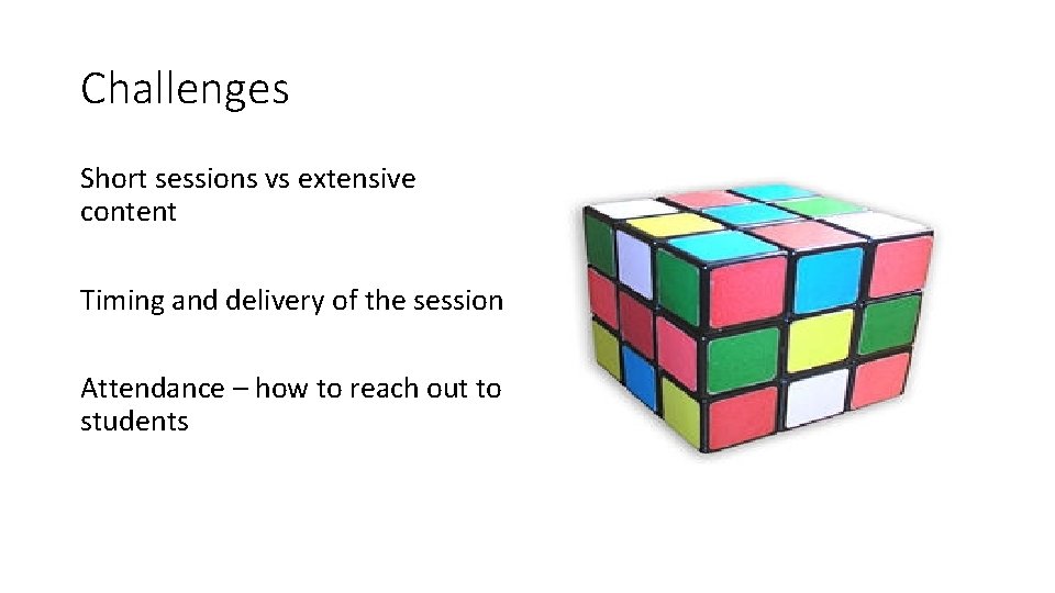 Challenges Short sessions vs extensive content Timing and delivery of the session Attendance –