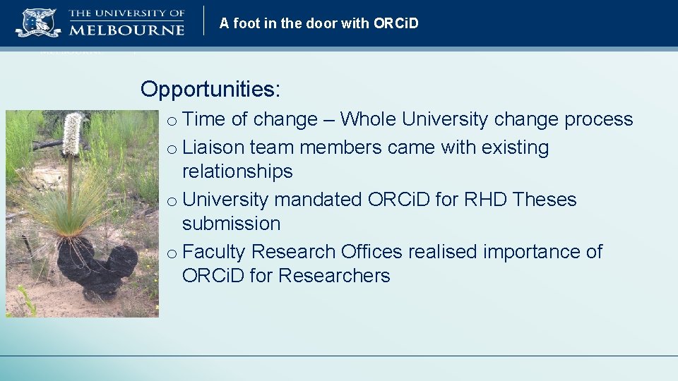 A foot in the door with ORCi. D Opportunities: o Time of change –