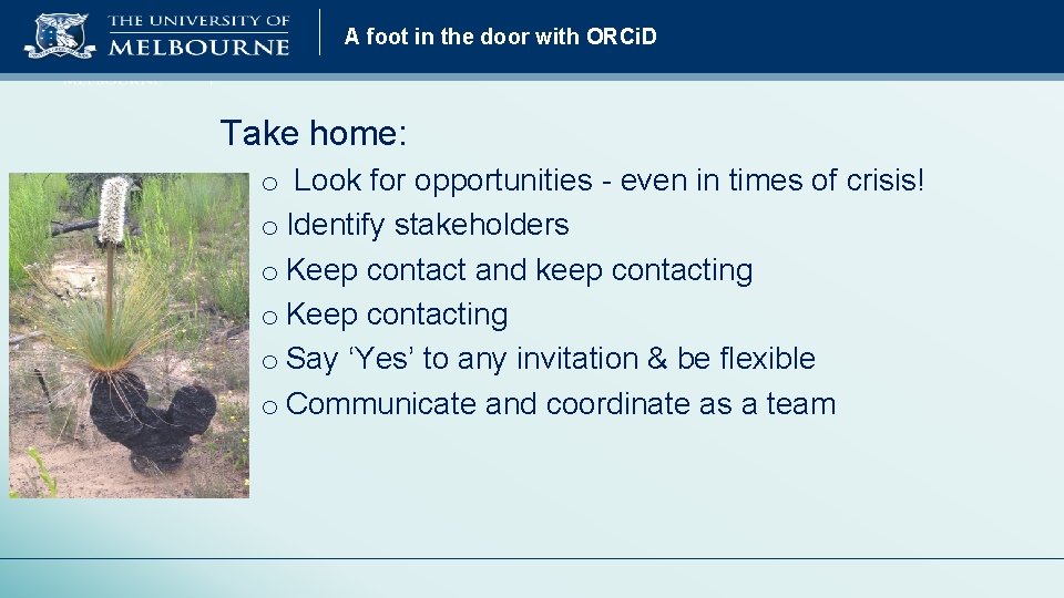 A foot in the door with ORCi. D Take home: o Look for opportunities