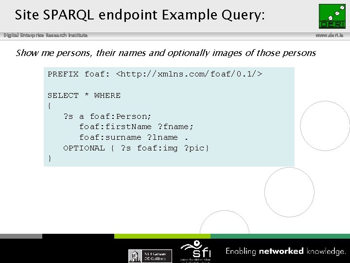 Site SPARQL endpoint Example Query: Digital Enterprise Research Institute Show me persons, their names