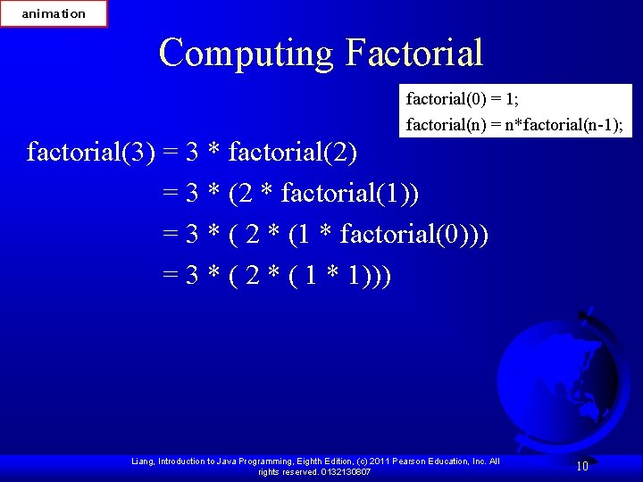 animation Computing Factorial factorial(0) = 1; factorial(n) = n*factorial(n-1); factorial(3) = 3 * factorial(2)