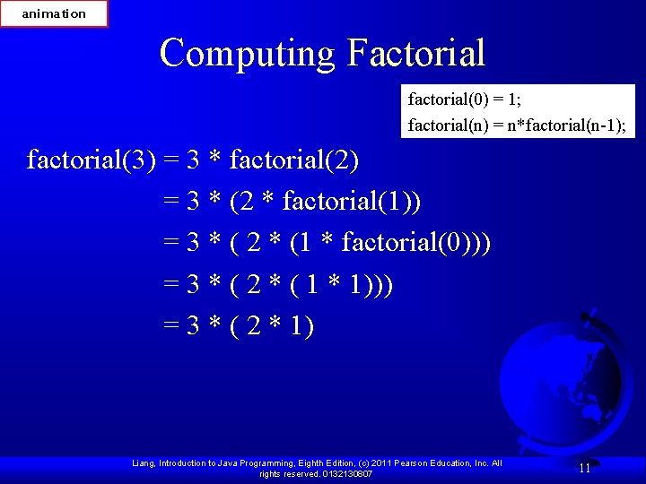 animation Computing Factorial factorial(0) = 1; factorial(n) = n*factorial(n-1); factorial(3) = 3 * factorial(2)