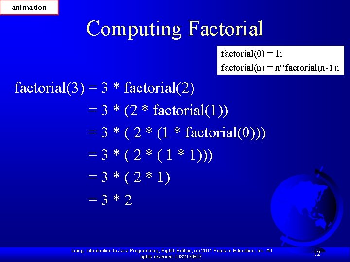 animation Computing Factorial factorial(0) = 1; factorial(n) = n*factorial(n-1); factorial(3) = 3 * factorial(2)