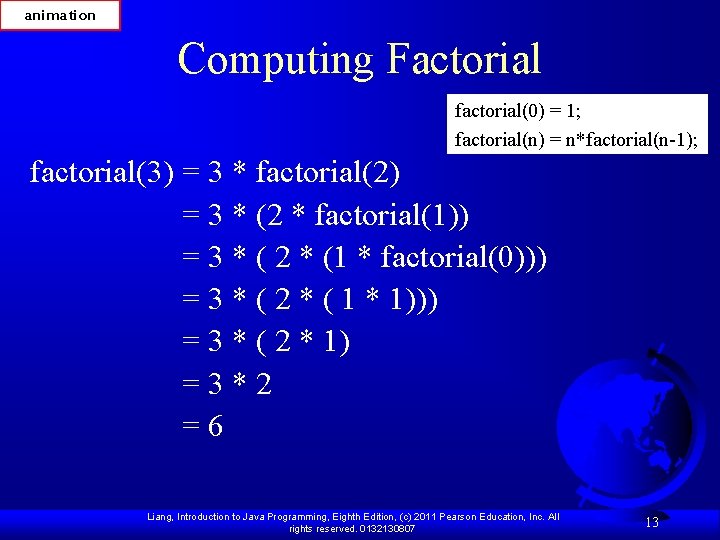 animation Computing Factorial factorial(0) = 1; factorial(n) = n*factorial(n-1); factorial(3) = 3 * factorial(2)