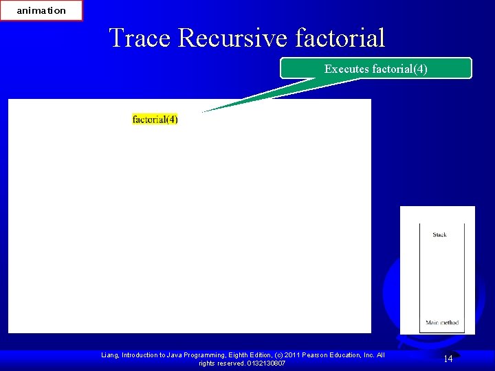 animation Trace Recursive factorial Executes factorial(4) Liang, Introduction to Java Programming, Eighth Edition, (c)