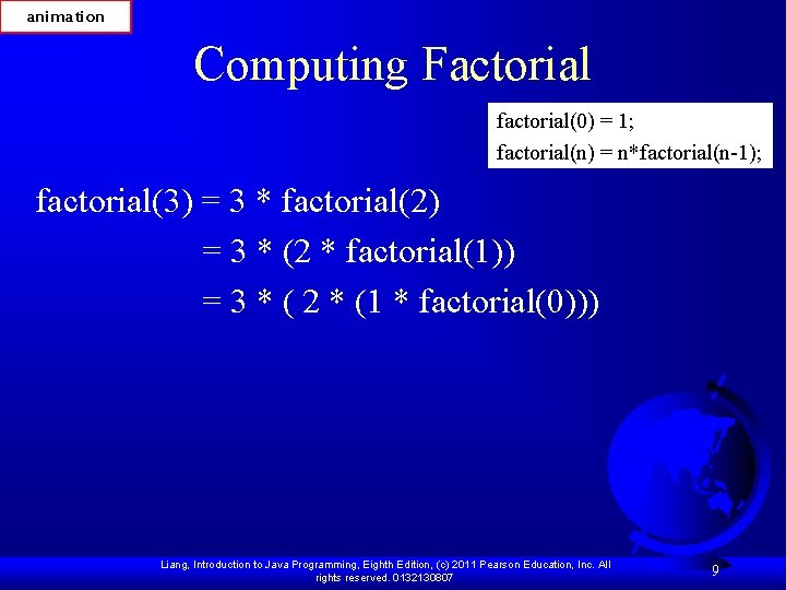 animation Computing Factorial factorial(0) = 1; factorial(n) = n*factorial(n-1); factorial(3) = 3 * factorial(2)