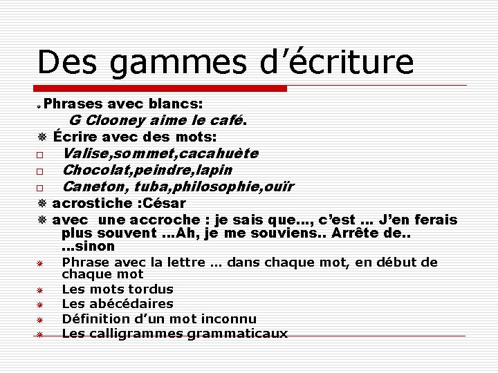 Des gammes d’écriture Phrases avec blancs: G Clooney aime le café. Écrire avec des