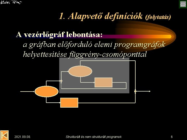  1. Alapvető definíciók (folytatás) A vezérlőgráf lebontása: a gráfban előforduló elemi programgráfok helyettesítése