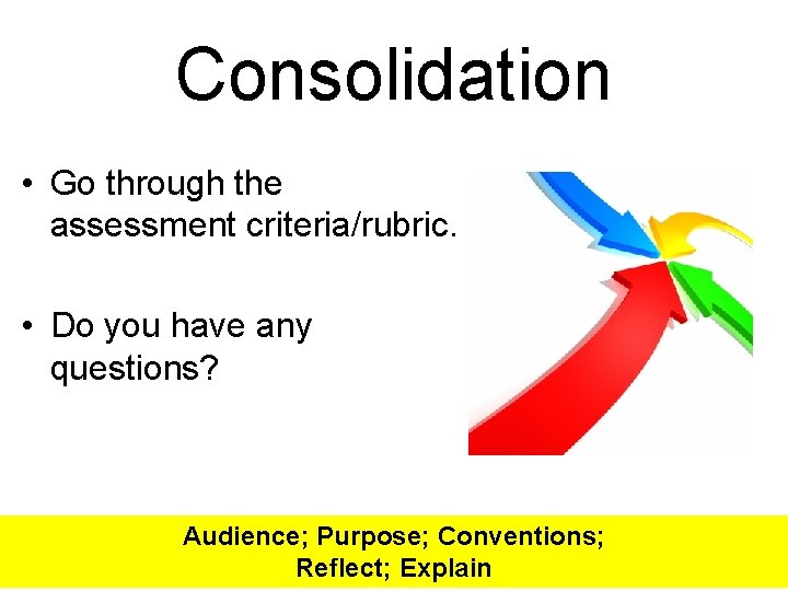 Consolidation • Go through the assessment criteria/rubric. • Do you have any questions? Audience;