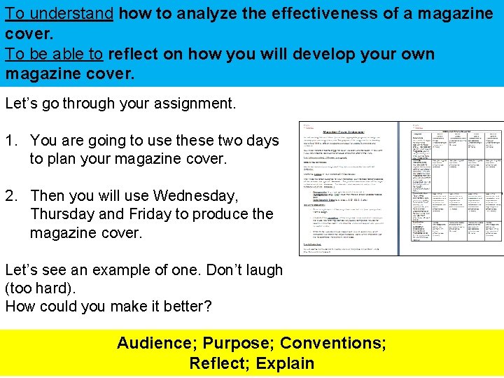 To understand how to analyze the effectiveness of a magazine cover. To be able