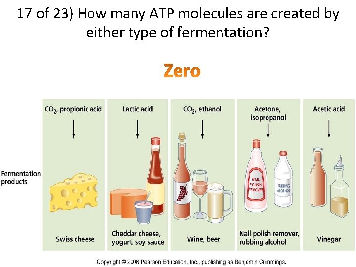 17 of 23) How many ATP molecules are created by either type of fermentation?