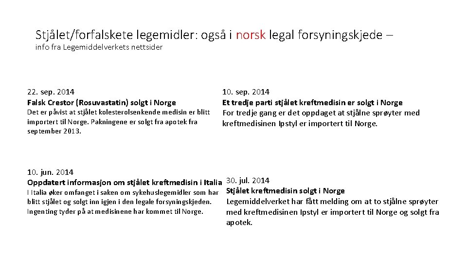 Stjålet/forfalskete legemidler: også i norsk legal forsyningskjede – info fra Legemiddelverkets nettsider 22. sep.