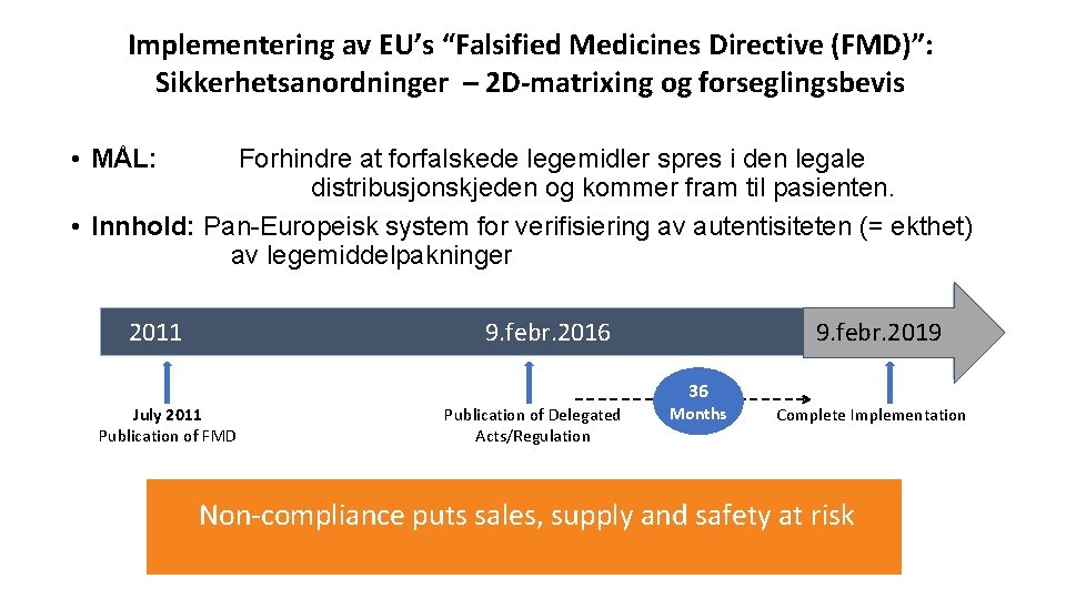 Implementering av EU’s “Falsified Medicines Directive (FMD)”: Sikkerhetsanordninger – 2 D-matrixing og forseglingsbevis •