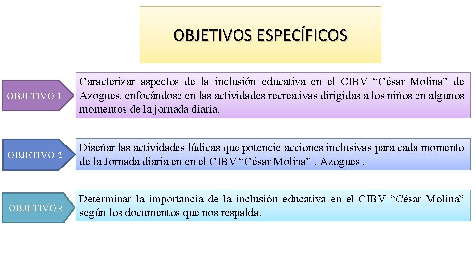 OBJETIVOS ESPECÍFICOS OBJETIVO 1 Caracterizar aspectos de la inclusión educativa en el CIBV “César