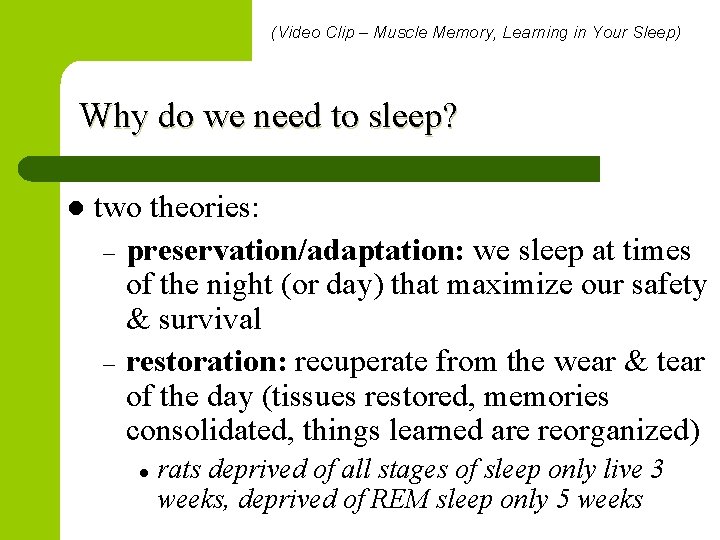 (Video Clip – Muscle Memory, Learning in Your Sleep) Why do we need to