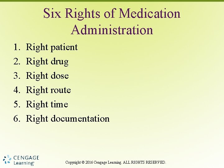 Six Rights of Medication Administration 1. 2. 3. 4. 5. 6. Right patient Right