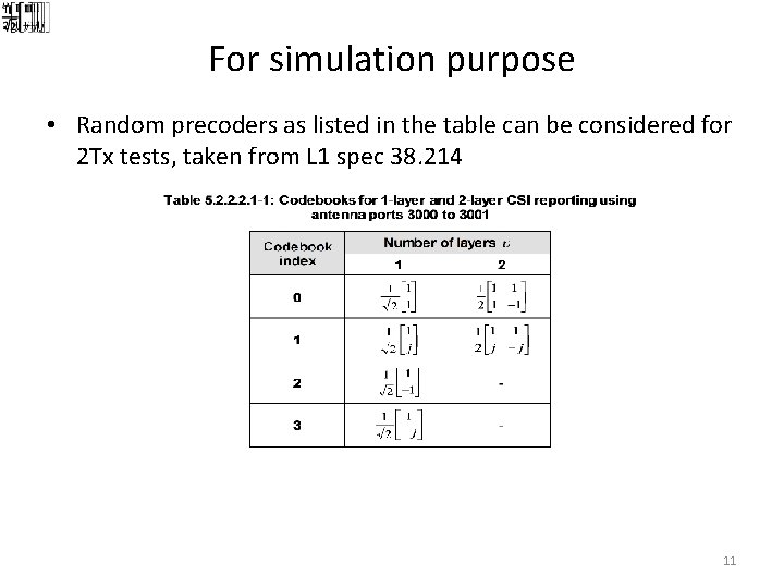 For simulation purpose • Random precoders as listed in the table can be considered