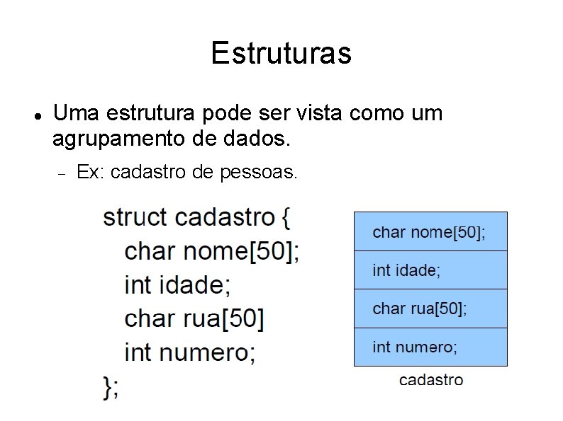 Estruturas Uma estrutura pode ser vista como um agrupamento de dados. Ex: cadastro de