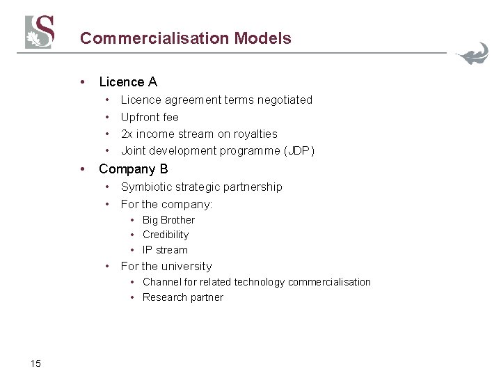 Commercialisation Models • Licence A • • • Licence agreement terms negotiated Upfront fee