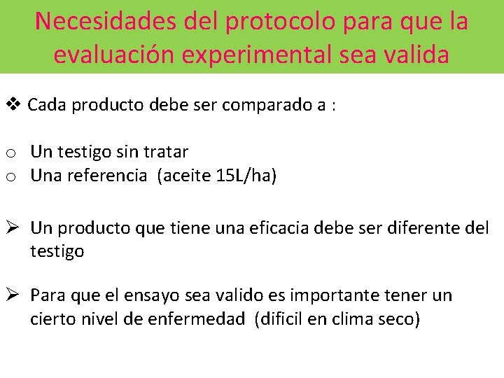 Necesidades del protocolo para que la evaluación experimental sea valida v Cada producto debe