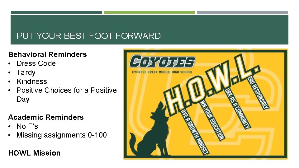 PUT YOUR BEST FOOT FORWARD Behavioral Reminders • Dress Code • Tardy • Kindness